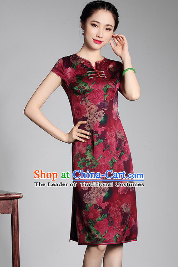 Asian Republic of China Young Lady Retro Stand Collar Red Watered Gauze Cheongsam, Traditional Chinese Qipao Tang Suit Dress for Women