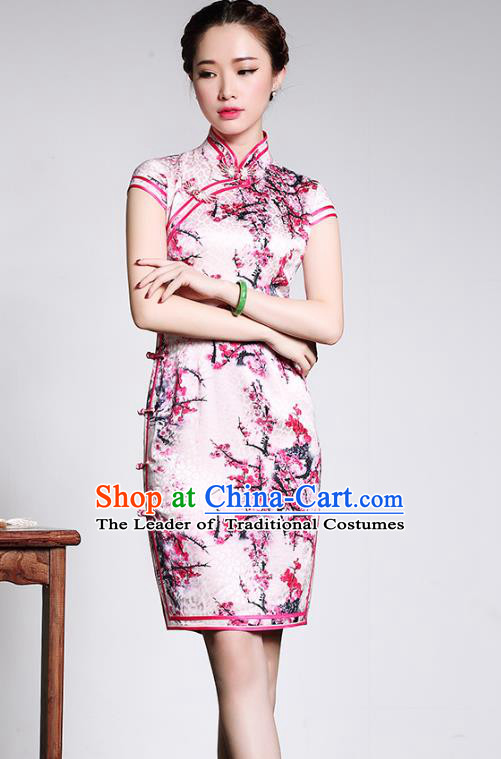 Asian Republic of China Young Lady Retro Stand Collar Pink Silk Cheongsam, Traditional Chinese Printing Peony Qipao Tang Suit Dress for Women