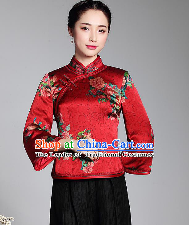 Asian Republic of China Young Lady Retro Stand Collar Printing Red Silk Cheongsam Blouse, Traditional Chinese Qipao Shirts Tang Suit Upper Outer Garment for Women