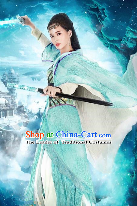Asian China Tang Dynasty Palace Lady Swordswoman Costume, Traditional Chinese Ancient Imperial Princess Embroidered Hanfu Clothing and Headpiece Complete Set