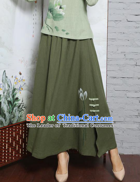 Asian China Hand Painting Linen Bust Skirt, Traditional Chinese Tang Suit Green Skirts for Women