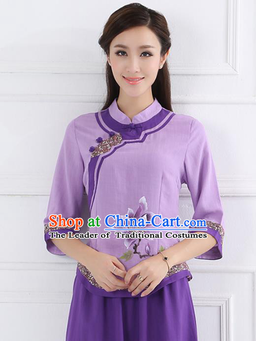 Asian China Top Grade Purple Linen Cheongsam Blouse, Traditional Chinese Tang Suit Hanfu Plated Button Qipao Shirts for Women