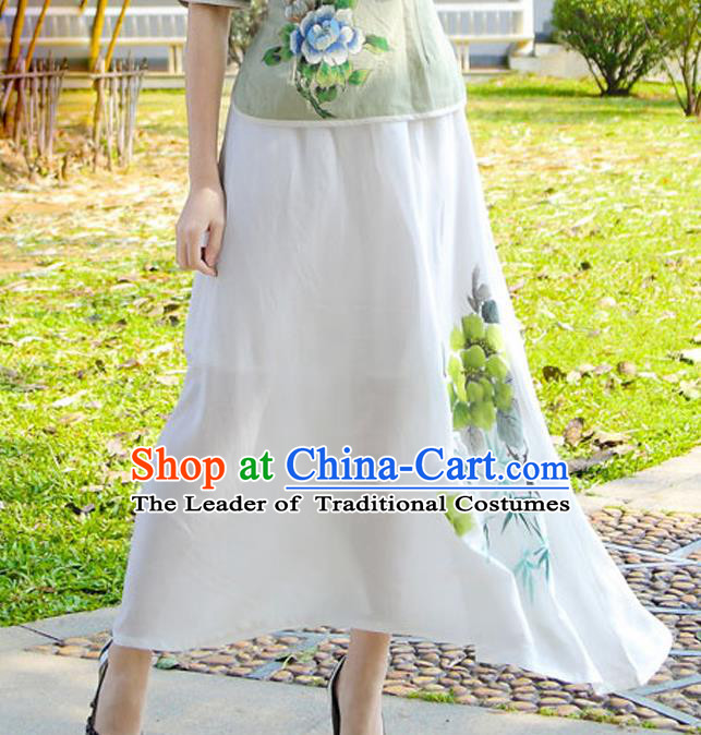 Asian China Hand Painting White Linen Bust Skirt, Traditional Chinese Tang Suit Hanfu Skirts for Women