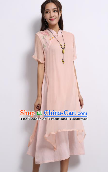 Asian China Top Grade Pink Silk Hand Painting Cheongsam, Traditional Chinese Tang Suit Hanfu Plated Button Qipao Dress for Women