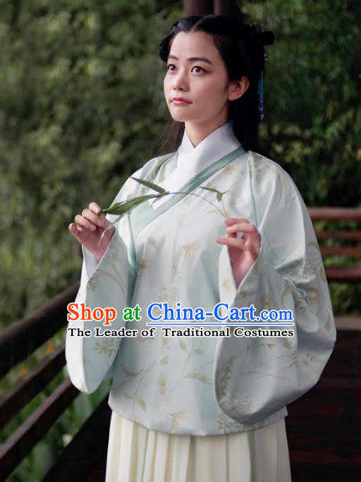 Asian China Ming Dynasty Young Lady Costume Light Blue Blouse, Traditional Chinese Ancient Princess Embroidered Hanfu Clothing for Women
