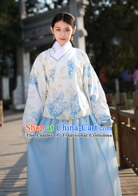 Asian China Ming Dynasty Palace Lady Costume Complete Set, Traditional Chinese Ancient Princess Embroidered Hanfu Blouse and Slip Skirt for Women