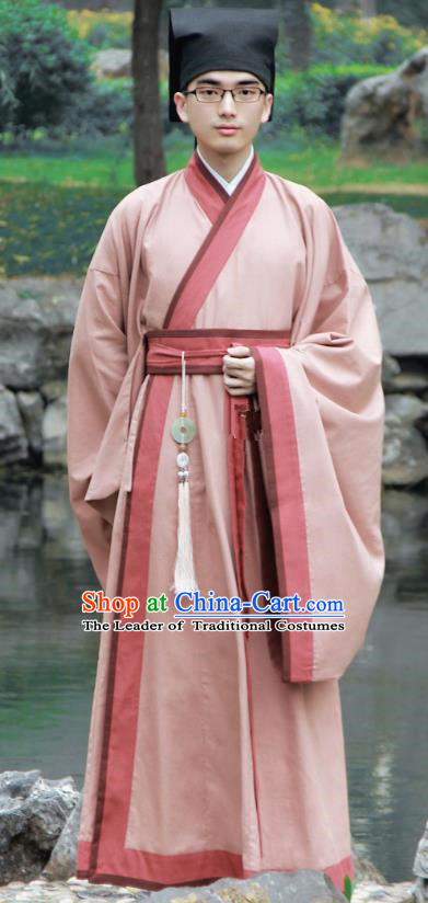 Asian China Han Dynasty Scholar Costume Pink Long Robe, Traditional Chinese Ancient Chancellor Hanfu Clothing for Men
