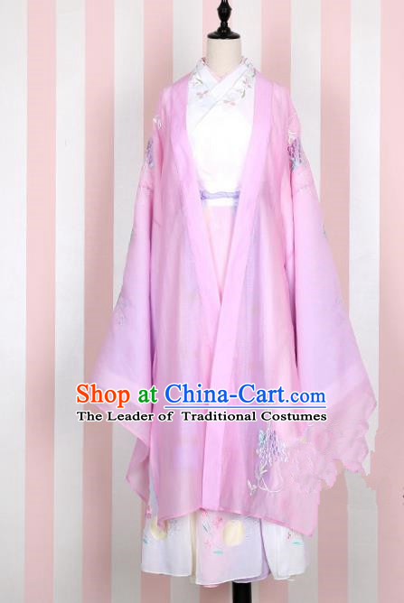 Asian China Han Dynasty Young Lady Embroidered Costume Pink Wide Sleeve Cardigan, Traditional Ancient Chinese Princess Elegant Hanfu Embroidery Clothing for Women