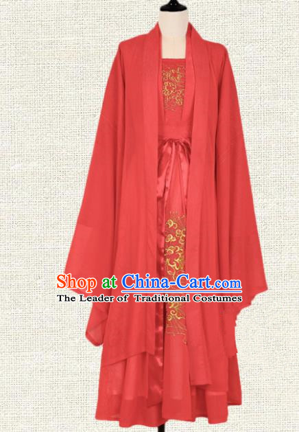 Asian China Tang Dynasty Princess Embroidered Costume Complete Set, Traditional Ancient Chinese Elegant Hanfu Wedding Red Clothing for Women