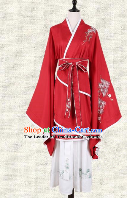 Asian China Han Dynasty Young Lady Embroidered Costume Red Curve Bottom, Traditional Ancient Chinese Princess Elegant Hanfu Clothing for Women