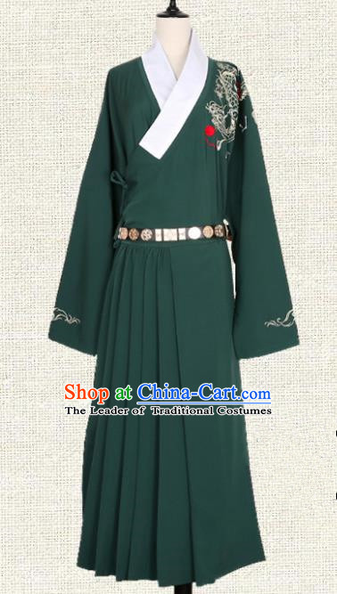 Asian China Ming Dynasty Swordsman Embroidered Clothing, Traditional Ancient Chinese Imperial Guards Hanfu Green Robe for Women