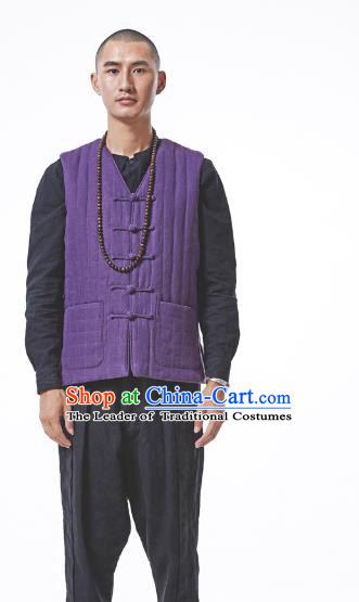 Asian China National Costume Purple Cotton-padded Linen Vest, Traditional Chinese Tang Suit Plated Buttons Waistcoat Clothing for Men