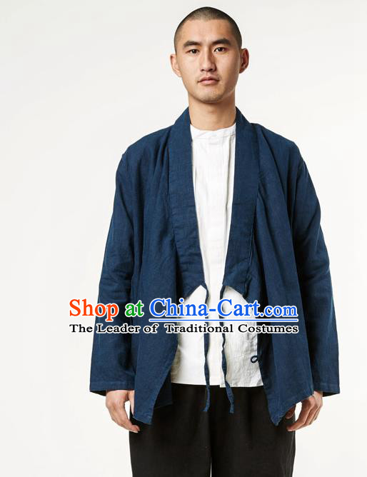 Asian China National Costume Slant Opening Deep Blue Linen Shirts, Traditional Chinese Tang Suit Plated Buttons Upper Outer Garment Clothing for Men