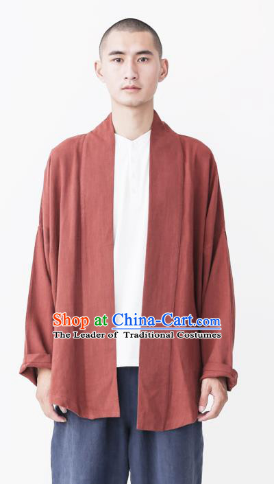 Asian China National Costume Red Linen Cardigan, Traditional Chinese Tang Suit Coat Clothing for Men