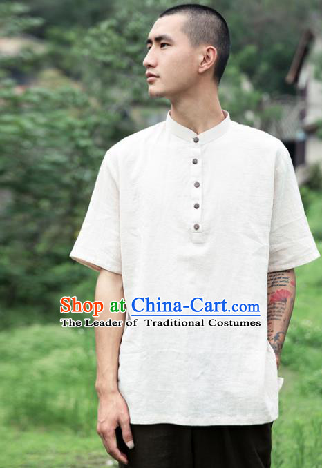 Asian China National Costume White Linen Stand Collar T-Shirts, Traditional Chinese Tang Suit Coconut Buttons Upper Outer Garment Clothing for Men
