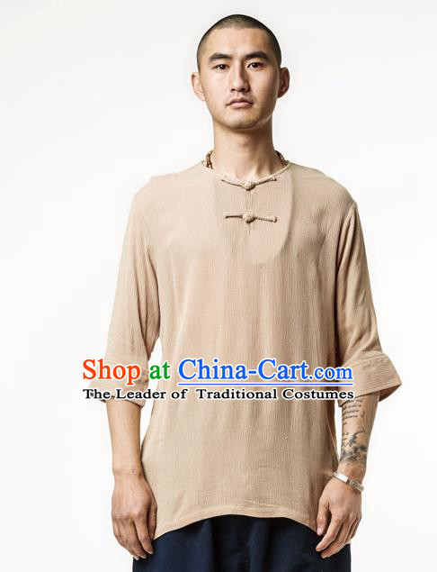Asian China National Costume Khaki Linen T-Shirts, Traditional Chinese Tang Suit Plated Buttons Upper Outer Garment Clothing for Men
