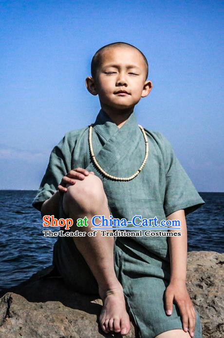Asian China National Costume Green Linen Monk Clothing, Traditional Chinese Tang Suit Zen Clothing for Kids