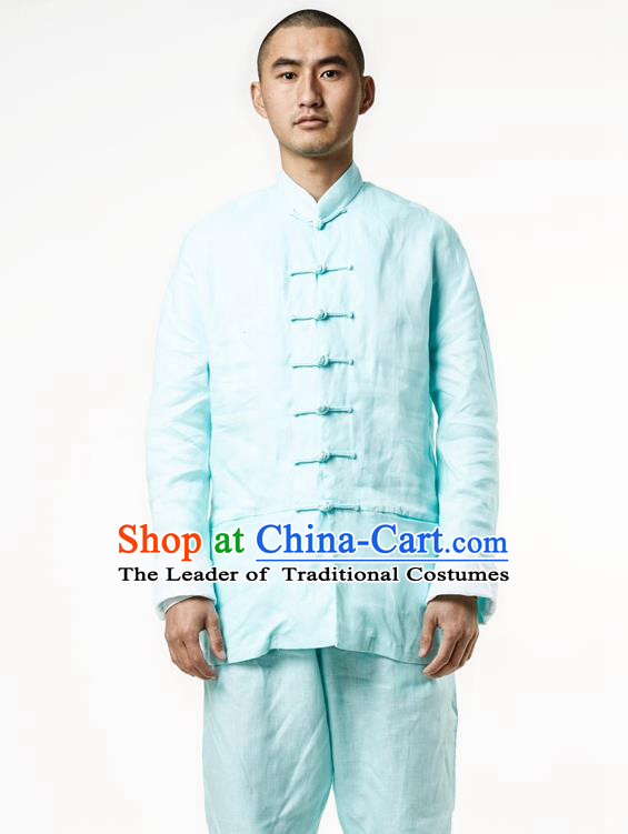 Asian China National Green Linen Costume Martial Arts Kung Fu Training Uniform, Traditional Chinese Tang Suit Shaolin Wushu Clothing for Men