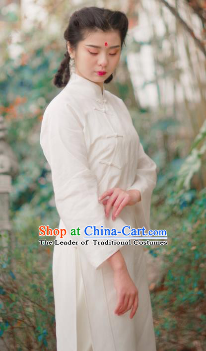 Asian China National Costume White Linen Hanfu Dress, Traditional Chinese Tang Suit Cheongsam Clothing for Women