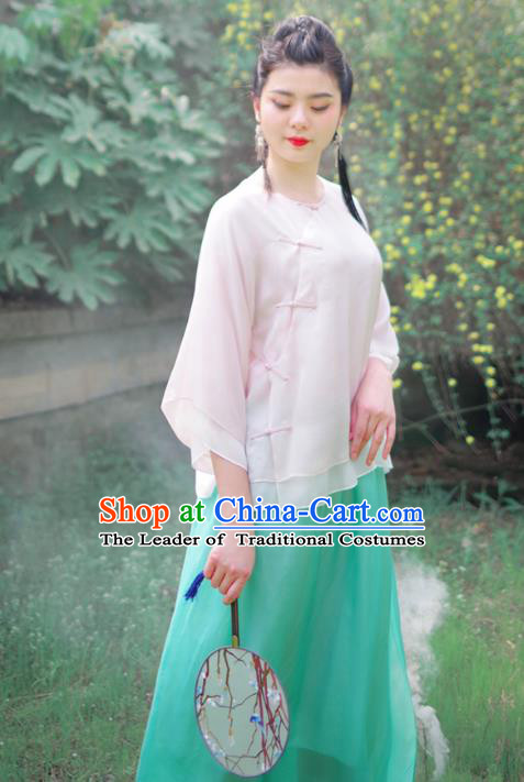 Asian China National Costume White Silk Hanfu Blouse, Traditional Chinese Tang Suit Cheongsam Upper Outer Garment Clothing for Women