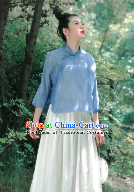 Asian China National Costume Blue Silk Hanfu Blouse, Traditional Chinese Tang Suit Cheongsam Shirts Upper Outer Garment Clothing for Women