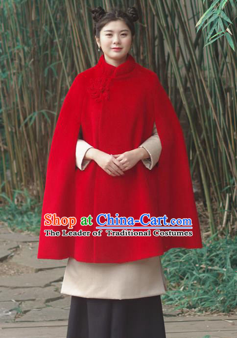Asian China National Costume Slant Opening Red Woolen Hanfu Cloak, Traditional Chinese Tang Suit Cheongsam Cape Upper Outer Garment Clothing for Women