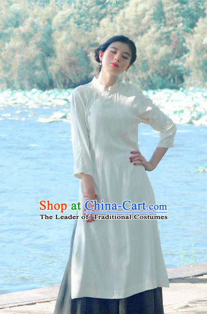Asian China National Costume Slant Opening White Hanfu Qipao Dress, Traditional Chinese Tang Suit Cheongsam Clothing for Women