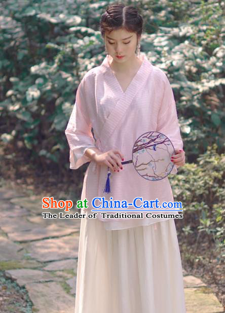 Asian China National Costume Slant Opening Pink Silk Hanfu Qipao Shirts, Traditional Chinese Tang Suit Cheongsam Blouse Clothing for Women