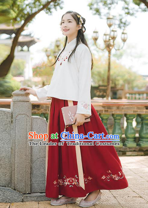Asian China Ming Dynasty Palace Lady Embroidered Costume, Traditional Ancient Chinese Elegant Hanfu Blouse and Skirt for Women