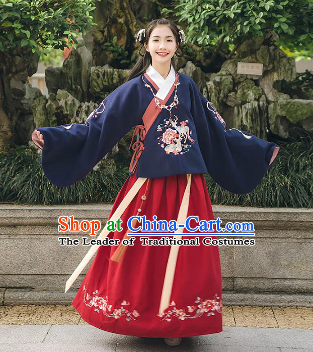 Asian China Ming Dynasty Palace Lady Embroidered Costume, Traditional Ancient Chinese Princess Elegant Hanfu Navy Sleeve Placket Blouse for Women