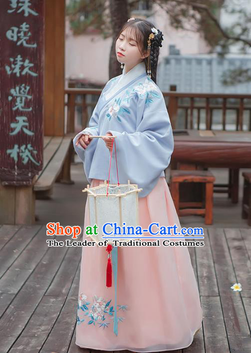 Asian China Ming Dynasty Palace Lady Wedding Costume Embroidery Blue Blouse and Pink Skirt, Traditional Ancient Chinese Princess Elegant Hanfu Clothing for Women
