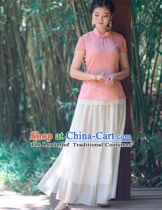 Asian China National Costume Pink Embroidered Hanfu Qipao Shirts Upper Outer Garment, Traditional Chinese Tang Suit Cheongsam Blouse Clothing for Women