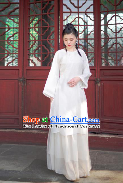 Asian China National Costume White Linen Hanfu Qipao Dress, Traditional Chinese Tang Suit Cheongsam Blouse Clothing for Women