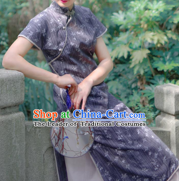Asian China National Costume Hanfu Printing Linen Qipao Dress, Traditional Chinese Tang Suit Cheongsam Clothing for Women
