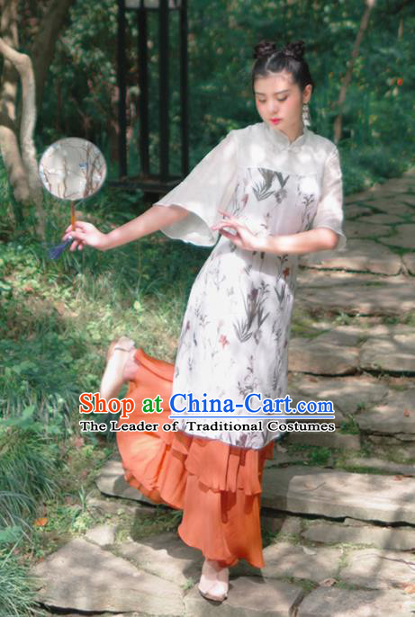 Asian China National Costume Hanfu Plated Buttons Printing Qipao Dress, Traditional Chinese Tang Suit Cheongsam Clothing for Women