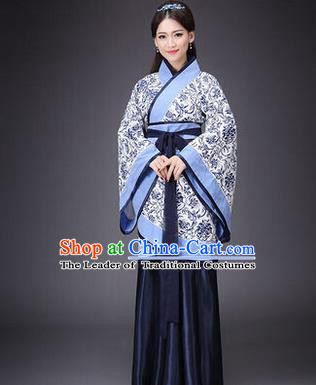 Asian China Ancient Han Dynasty Palace Lady Costume, Traditional Chinese Hanfu Embroidered Blue Curve Bottom Clothing for Women