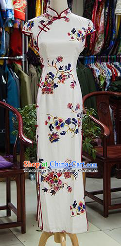 Traditional Ancient Chinese Republic of China White Cheongsam, Asian Chinese Chirpaur Printing Flower Qipao Dress Clothing for Women