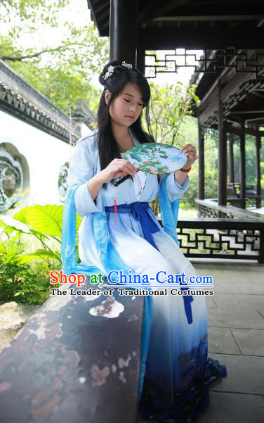 Traditional Ancient Chinese Imperial Consort Costume, Asian China Tang Dynasty Imperial Empress Printing Blue Dress Clothing for Women