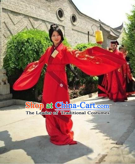 Traditional Chinese Ancient Palace Lady Wedding Costume Complete Set, Asian China Han Dynasty Princess Red Curve Bottom Clothing for Women