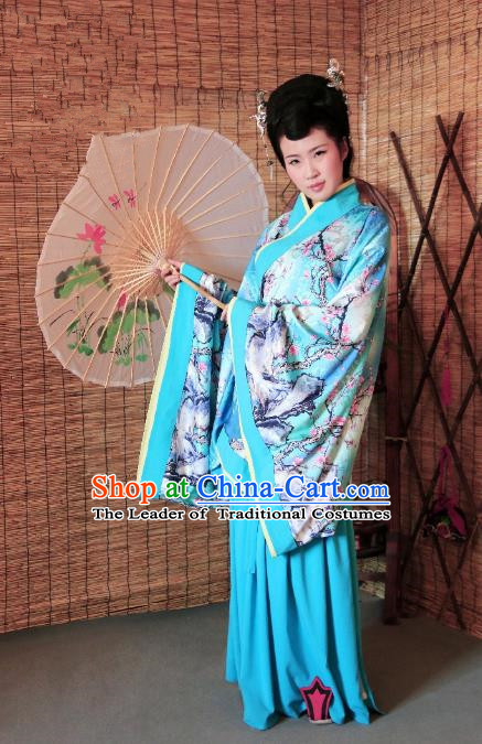 Traditional Chinese Ancient Young Lady Costume Printing Blue Curve Bottom, Asian China Han Dynasty Imperial Concubine Hanfu Clothing for Women