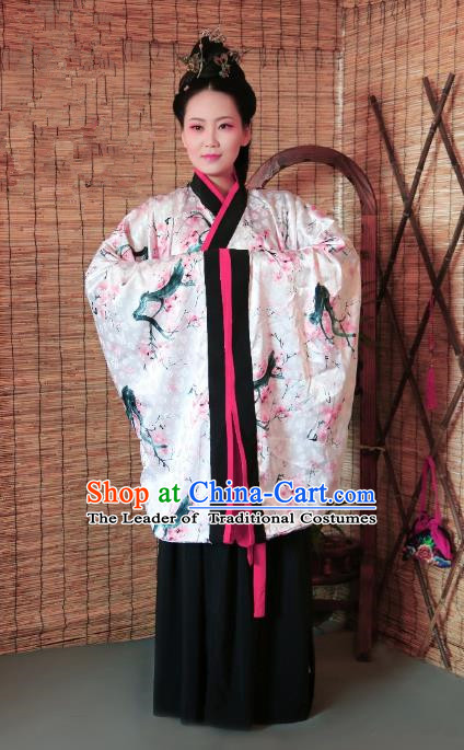 Traditional Chinese Ancient Young Lady Costume Printing Pink Curve Bottom, Asian China Han Dynasty Imperial Concubine Hanfu Clothing for Women