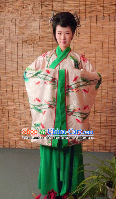Traditional Chinese Ancient Young Lady Printing Costume Green Curve Bottom, Asian China Han Dynasty Imperial Concubine Hanfu Clothing for Women