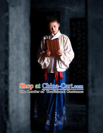 Traditional Chinese Ancient Palace Lady Costume Blouse and Blue Skirt , Asian China Ming Dynasty Imperial Concubine Hanfu Dress Clothing for Women