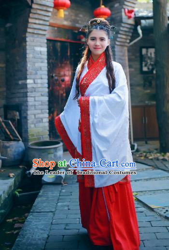 Traditional Chinese Ancient Palace Lady Costume White Embroidered Curve Bottom, Asian China Han Dynasty Imperial Concubine Hanfu Dress Clothing for Women