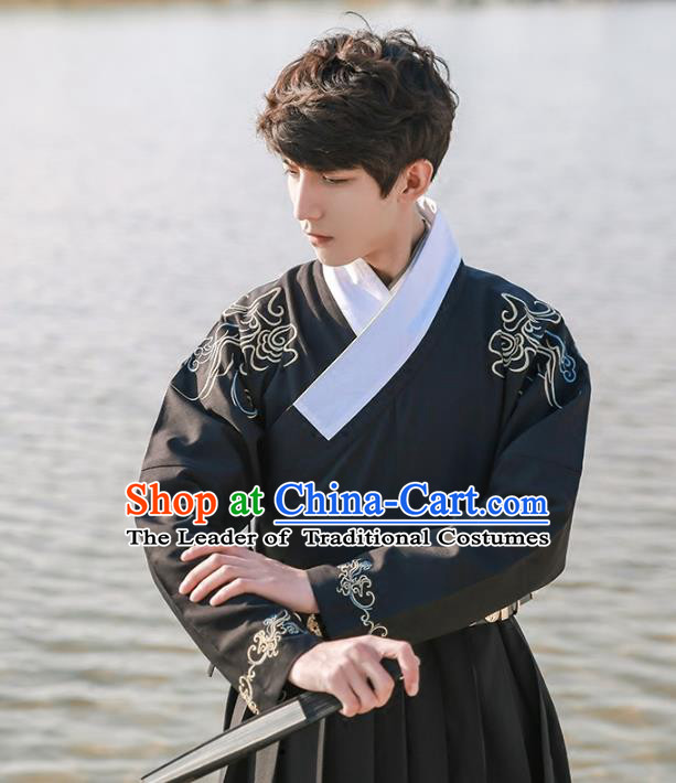 Traditional Ancient Chinese Swordsman Hanfu Costume Embroidered Black Robe, Asian China Ming Dynasty Imperial Guards Clothing for Men