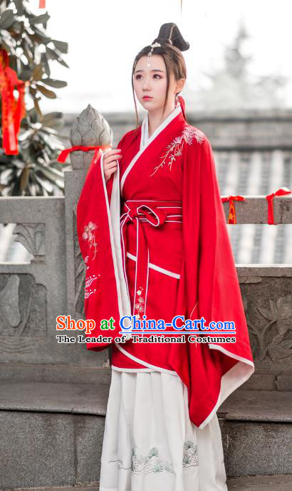 Traditional Ancient Chinese Young Lady Hanfu Embroidered Costume Red Curve Bottom, Asian China Han Dynasty Imperial Princess Clothing for Women