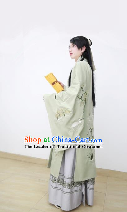 Traditional Chinese Han Dynasty Scholar Hanfu Costume, Asian China Ancient Embroidered Green Cloak Clothing for Men