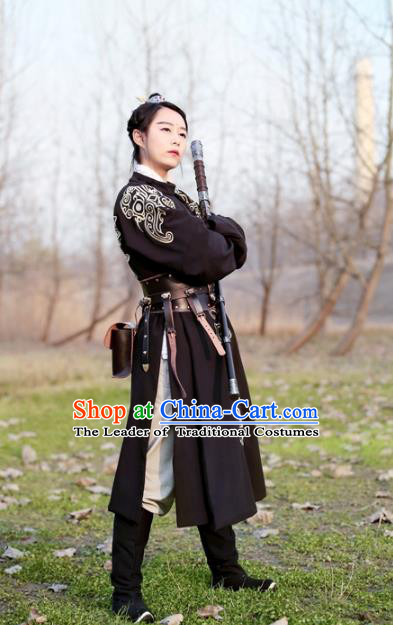 Traditional Ancient Chinese Swordsman Hanfu Costume Black Embroidered Robe, Asian China Ming Dynasty Imperial Bodyguard Clothing for Men