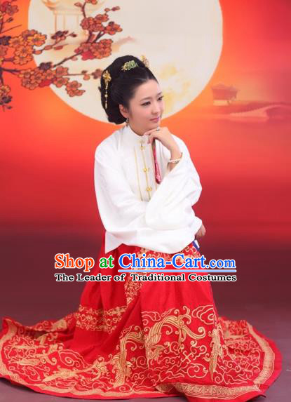 Traditional Chinese Ancient Costume Princess Embroidered Blouse and Red Skirt Complete Set, Asian China Ming Dynasty Hanfu Clothing for Women