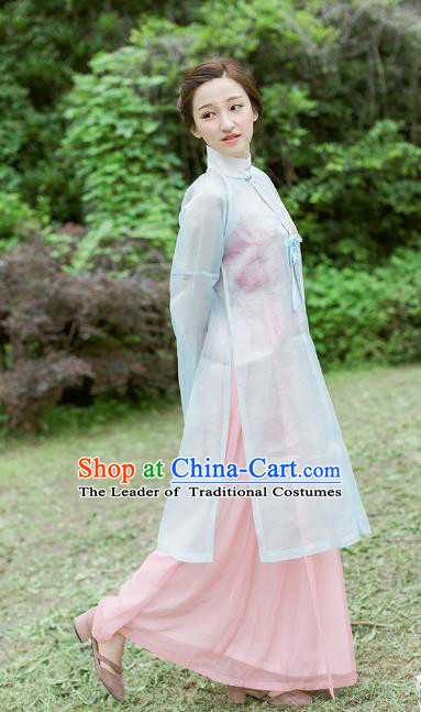 Traditional Chinese Ancient Costume Imperial Concubine Blue Embroidered Beizi Complete Set, Asian China Ming Dynasty Palace Lady Clothing for Women
